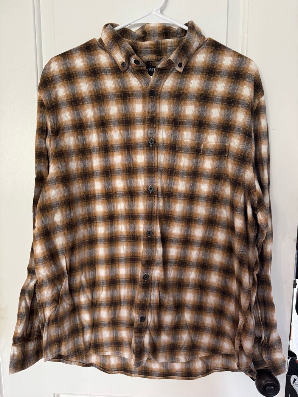 Express Men's Brown and White Plaid Button-Down Shirt